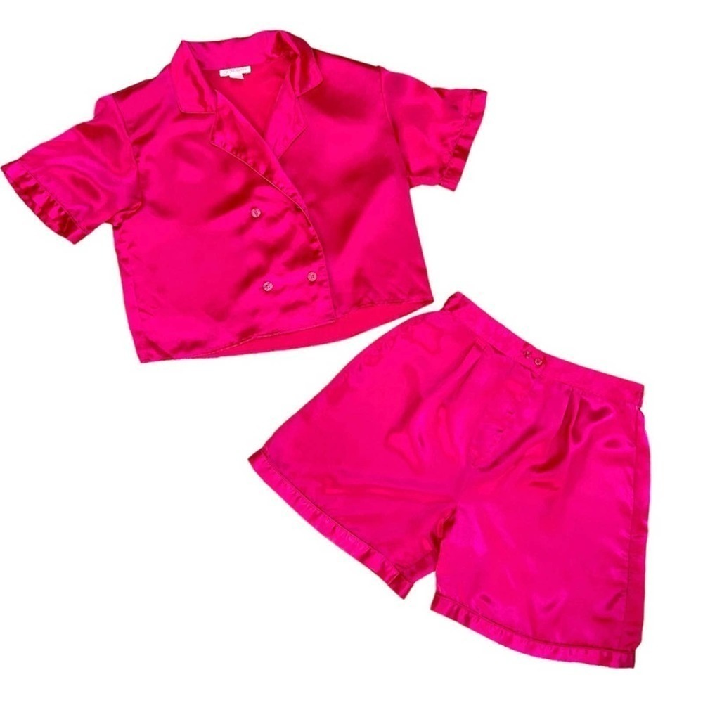 Vintage Barbie Pink Satin 80s 90s Double Breasted Button Up Pajama Set, Size L